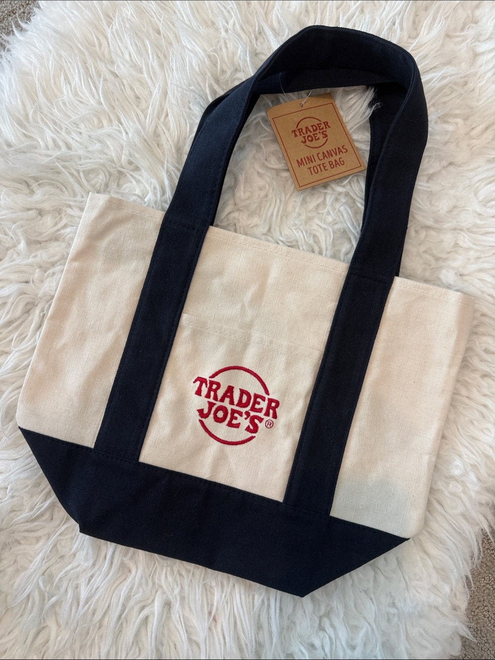 Trader Joe's Mini Canvas Tote Bag - Cream & blue with Logo